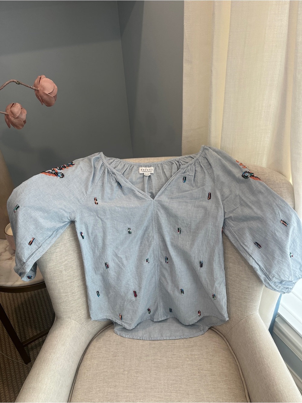 Velvet by Graham & Spencer Shailene Embroidered Peasant Blouse Size XS